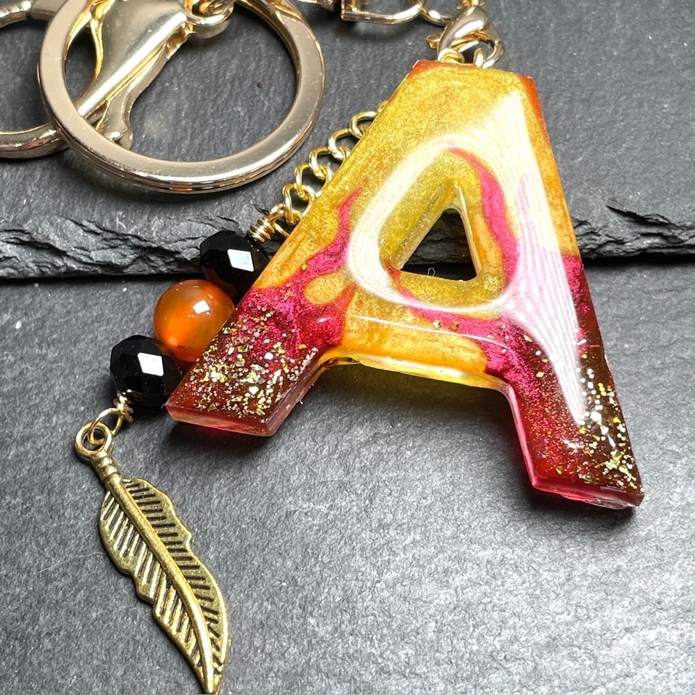 Custom Flaming Letter “A” Keychain with Carnelian Crystal And Gold Feather Charm